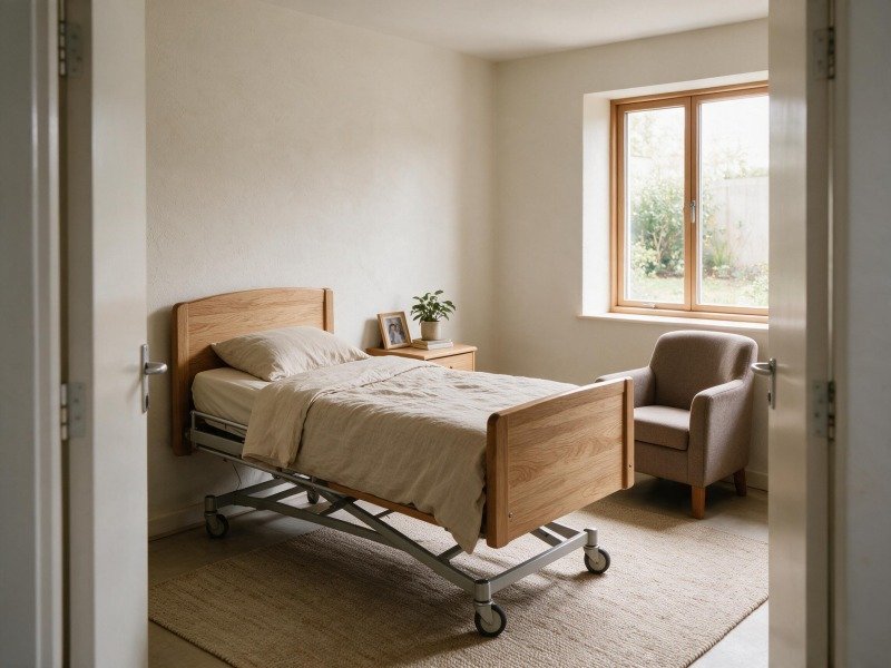 Habitación de residencia adaptada con mobiliario cálido y equipamiento que favorece la autonomía