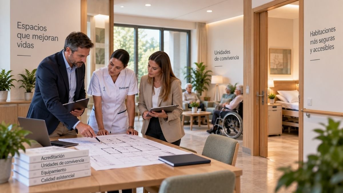 Directora de una residencia de mayores revisando el plan de acreditación del centro junto a su equipo técnico