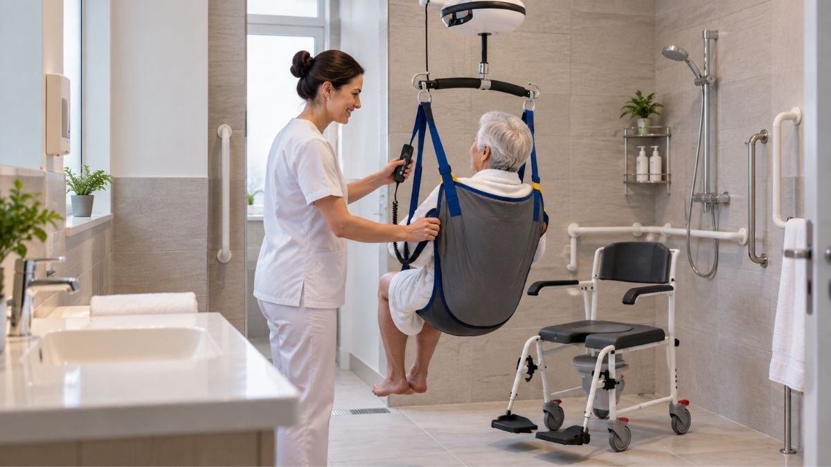 Bañera geriátrica de altura regulable en la sala de baño asistido de una residencia