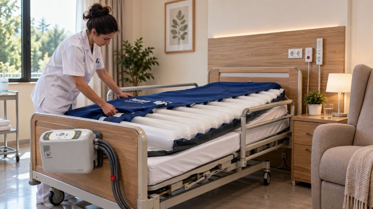 Colchón antiescaras de presión alternante instalado sobre una cama geriátrica articulada