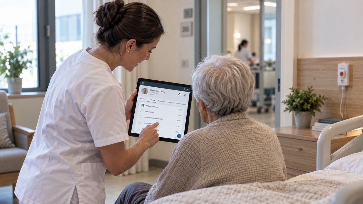 Supervisora consultando en una tablet el registro de cuidados de una planta de residencia