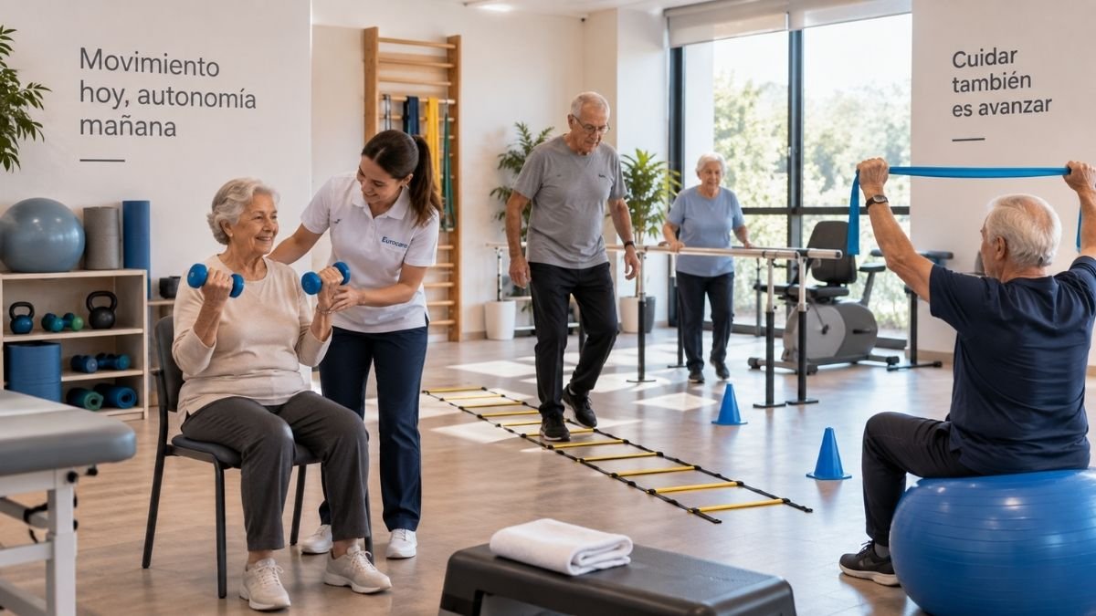 Fisioterapeuta dirigiendo una sesión de ejercicio multicomponente en la sala de rehabilitación de una residencia