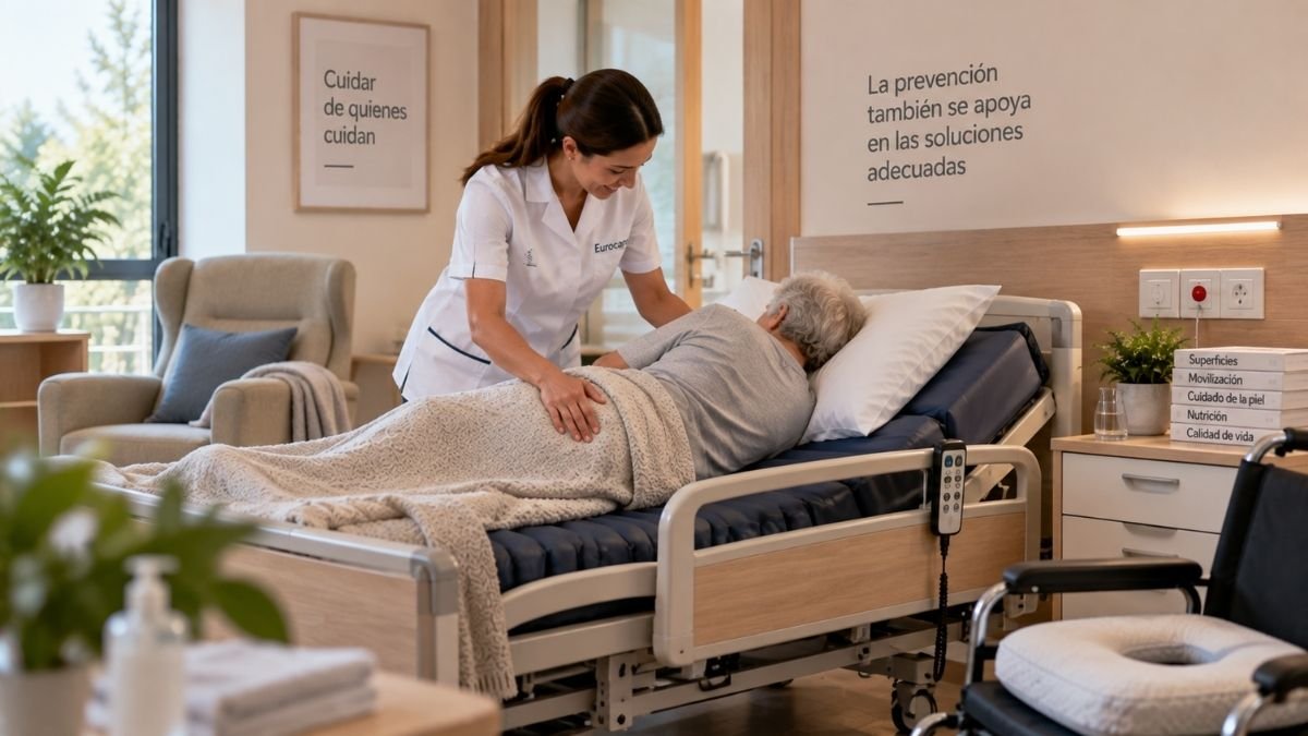 Enfermera comprobando la superficie de manejo de presión de una cama articulada en una residencia
