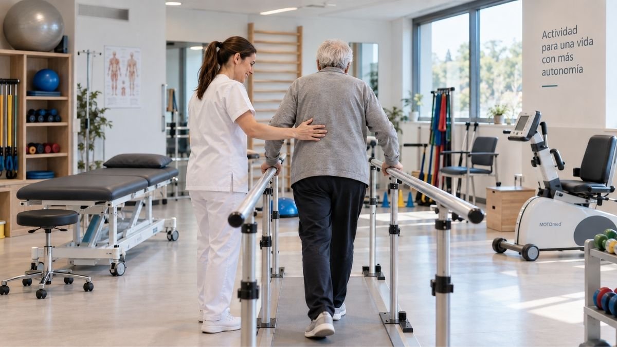 Sala de fisioterapia de una residencia con paralelas, camilla hidráulica y bicicleta estática